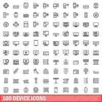 100 device icons set, outline style vector