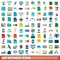 100 network icons set, flat style vector