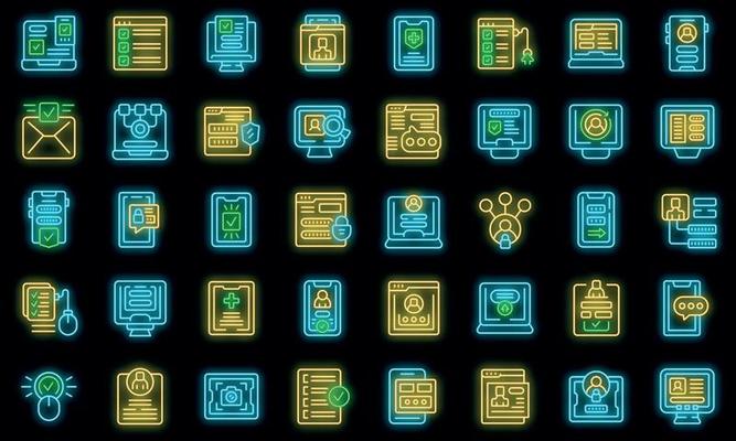 Online registration icons set outline vector. Device apply vector neon