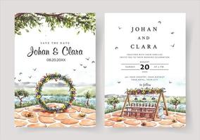 Watercolor wedding invitation of nature landscape with circle wedding arch view vector