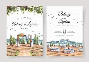 Watercolor wedding invitation of wedding gate and pine trees view vector