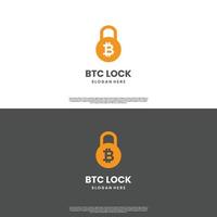 combinación de bitcoin con logotipo de candado, plantilla de icono de bitcoin de seguridad, logotipo de desbloqueo de bitcoin vector