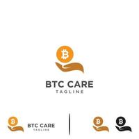 bitcoin care logo design graphic element, bitcoin with hand icon template vector