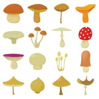 Mushroom types icons set, cartoon style vector