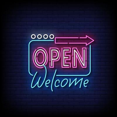 open welcome Neon Sign On Brick Wall Background Vector