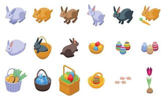 Easter bunny icons set isometric vector. Happy rabbit vector