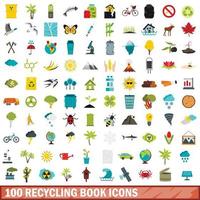 100 recycling book icons set, flat style vector