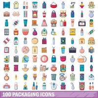 100 iconos de embalaje, estilo de dibujos animados vector