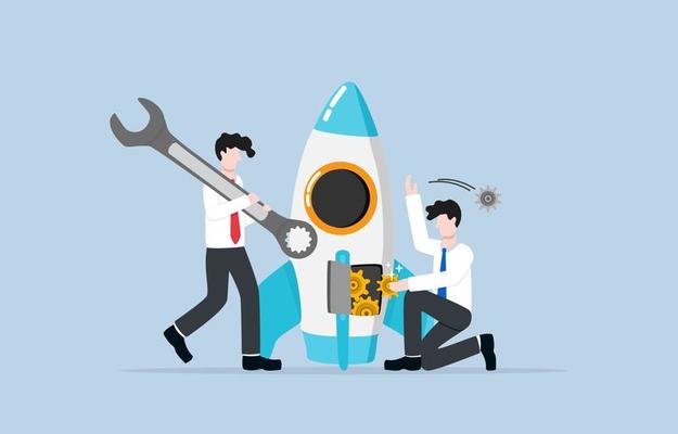 Fixing economic engine to bring back income to system, adjustment to increase productivity, measures for business improvement concept. Businessmen putting new gear into rocket.