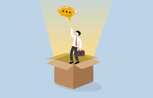 Think outside the box to change business for the  better, self motivation to develop creativity or innovation for working concept. Businessman holding thought bubble balloon flying out of box. vector