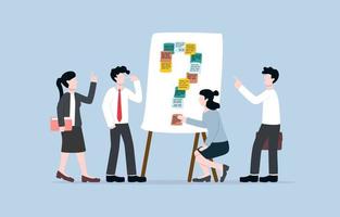 Discuss problems in organisation or company to resolve, team sharing issues or doubts in order to have smooth operation concept. Businesspersons attaching sticky notes to whiteboard as question mark. vector