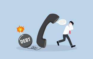 Debt payment notification via phone call, attempt to default on personal debt, loan, or mortgage  concept. Depressed businessman running away from giant telephone connected to ignited debt bomb. vector