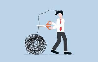 Stress elimination from busy work or toxic environment, changing behavior for better mental health, work life balance concept. Businessman cutting messy tangled line cling to his head. vector