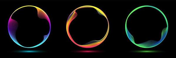 Set of glowing neon color circles round curve shape with wavy dynamic lines vector