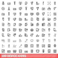 100 device icons set, outline style vector