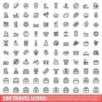 100 travel icons set, outline style vector