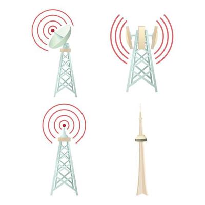 Tele communication tower icon set, cartoon style