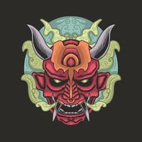 Japanese oni mask with smoke and moon vector