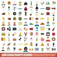 100 stag party icons set, flat style vector