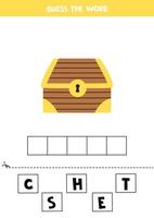 Spelling game for kids. Wooden chest of gold. vector