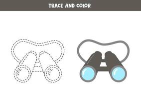 Trace and color cartoon binoculars. Worksheet for children. vector