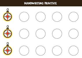 Tracing lines with navigational compass. Writing practice. vector