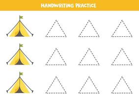 Tracing lines with camping tent. Writing practice. vector