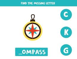 Find missing letter with cartoon navigational compass. Spelling worksheet. vector