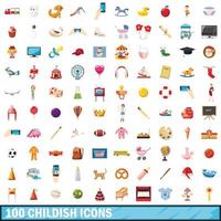 100 childish icons set, cartoon style vector