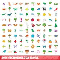 100 microbiology icons set, cartoon style vector