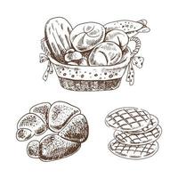 conjunto de panadería estilo boceto dibujado a mano vintage. pan en cesta, bagel y galletas sobre fondo blanco. ilustración vectorial iconos y elementos para impresión, web, móvil e infografía. vector