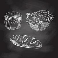 Vintage hand drawn sketch style bakery set. Bread in basket  and  pastry. White sketch isolated on black chalkboard. Icons and elements for print, labels, packaging. vector