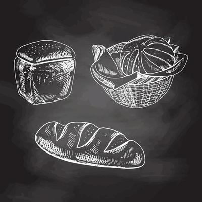 Vintage hand drawn sketch style bakery set. Bread in basket  and  pastry. White sketch isolated on black chalkboard. Icons and elements for print, labels, packaging.