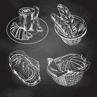 Vintage hand drawn sketch style bakery set. A cup of coffee with a croissant, a spoon on a plate, bread.  White sketch isolated on black chalkboard. Icons and elements for print, labels, packaging. vector