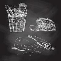 Vintage hand drawn sketch style bakery set. Bread, pastry sweets, dough. White sketch isolated on black chalkboard. Icons and elements for print, labels, packaging.