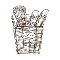 vector ilustración dibujada a mano de cesta cuadrada de mimbre con baguettes. dibujo de pastelería marrón y blanco aislado sobre fondo blanco. icono de esbozo y elemento de panadería para impresión, web, móvil.