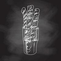 Vector hand drawn illustration of glass with baguettes. White sketch isolated on black chalkboard. Sketch icon and bakery element for print, web, mobile.