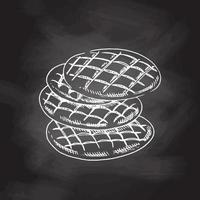 Vector hand drawn illustration of cakes, cookies, bread.  White sketch isolated on black chalkboard.  Sketch icon and bakery element for print, web, mobile.