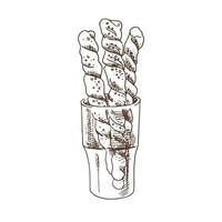 Vector hand drawn illustration of glass with baguettes. Brown and white pastry  drawing isolated on white background. Sketch icon and bakery element for print, web, mobile.