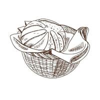 ilustración dibujada a mano vectorial de la cesta de mimbre con pan. dibujo de pastelería marrón y blanco aislado sobre fondo blanco. icono de esbozo y elemento de panadería para impresión, web, móvil e infografía. vector