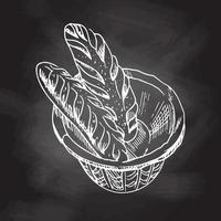ilustración dibujada a mano vectorial de la cesta de mimbre con baguettes. boceto blanco aislado en pizarra negra. icono de esbozo y elemento de panadería para impresión, web, móvil e infografía.