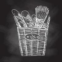 Vector hand drawn illustration of wicker square basket with baguettes. White sketch isolated on black chalkboard.  Sketch icon and bakery element for print, web, mobile.