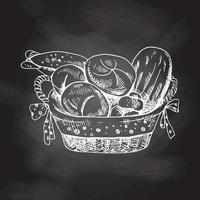 ilustración dibujada a mano vectorial de la cesta de mimbre con pan. boceto blanco aislado en pizarra negra. icono de esbozo y elemento de panadería para impresión, web, móvil e infografía. vector