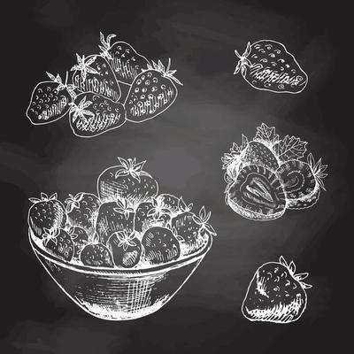 Vector  sketch set  of  strawberries.  Hand drawn  white sketch on black chalkboard.  Summer berries.  Great for label, poster, print.