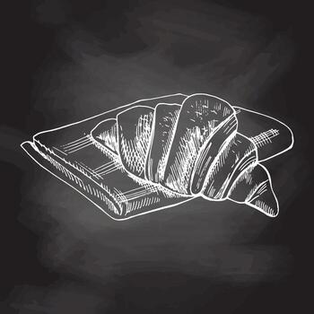 Vector hand drawn illustration of croissant. White sketch isolated on black chalkboard. Sketch icon and bakery element for print, web, mobile and infographics.