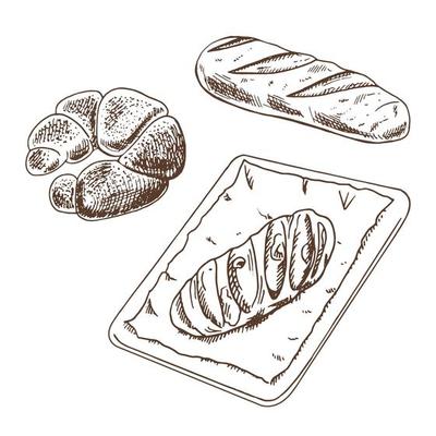 Vintage hand drawn sketch style bakery set. Bread, pastry sweets  and bagel on white background. Vector illustration. Icons and elements for print, web, mobile and infographics.