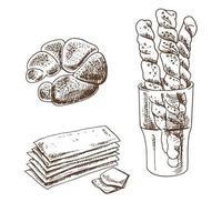 Vintage hand drawn sketch style bakery set. Bread and pastry sweets on white background. Vector illustration. Icons and elements for print, web, mobile and infographics.