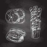 conjunto de panadería estilo boceto dibujado a mano vintage. pan y bollos. boceto blanco aislado en pizarra negra. iconos y elementos para impresión, etiquetas, embalaje. vector