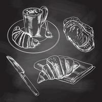 Vintage hand drawn  style bakery set. A cup of coffee with a croissant, a spoon on a plate, bread.  White sketch isolated on black chalkboard. Icons and elements for print, labels, packaging. vector