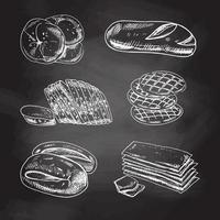 Vintage hand drawn sketch style bakery set. Bread and pastry. White sketch isolated on black chalkboard. Icons and elements for print, labels, packaging.